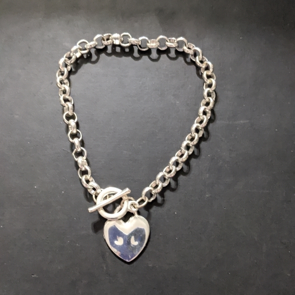Silver Tone Heart Charm Chain Toggle Statement Bracelet